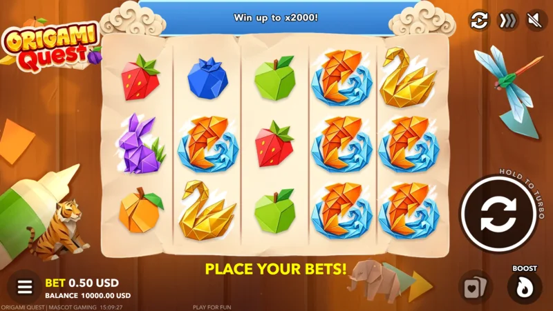 Origami Quest – herní obrazovka s panelem sázek a tlačítkem Boost